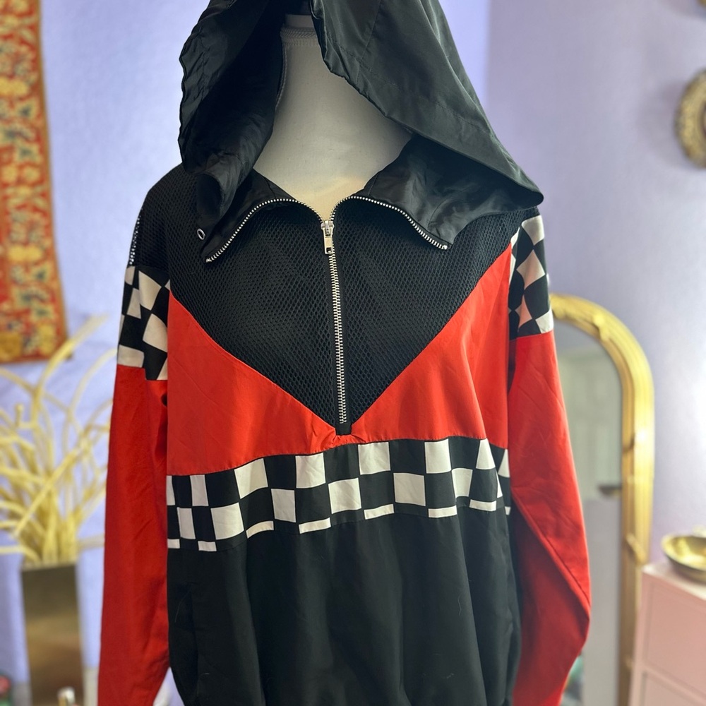 Forever 21 Red and Black Bomber Jacket with Checkered Design